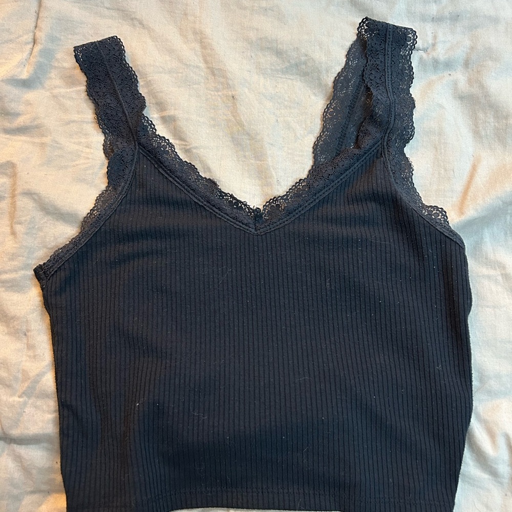 Lace Trim Black Ribbed Tank Top